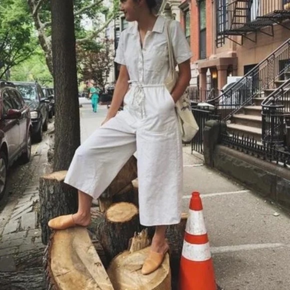 Madewell Ivory Wide Leg Utility Jumpsuit Button Front Tie Waist size 4 - Picture 1 of 14